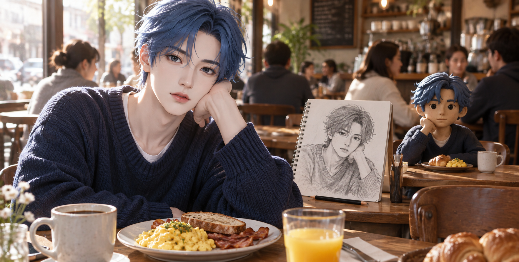 Figures multimédias dans un café du petit-déjeuner