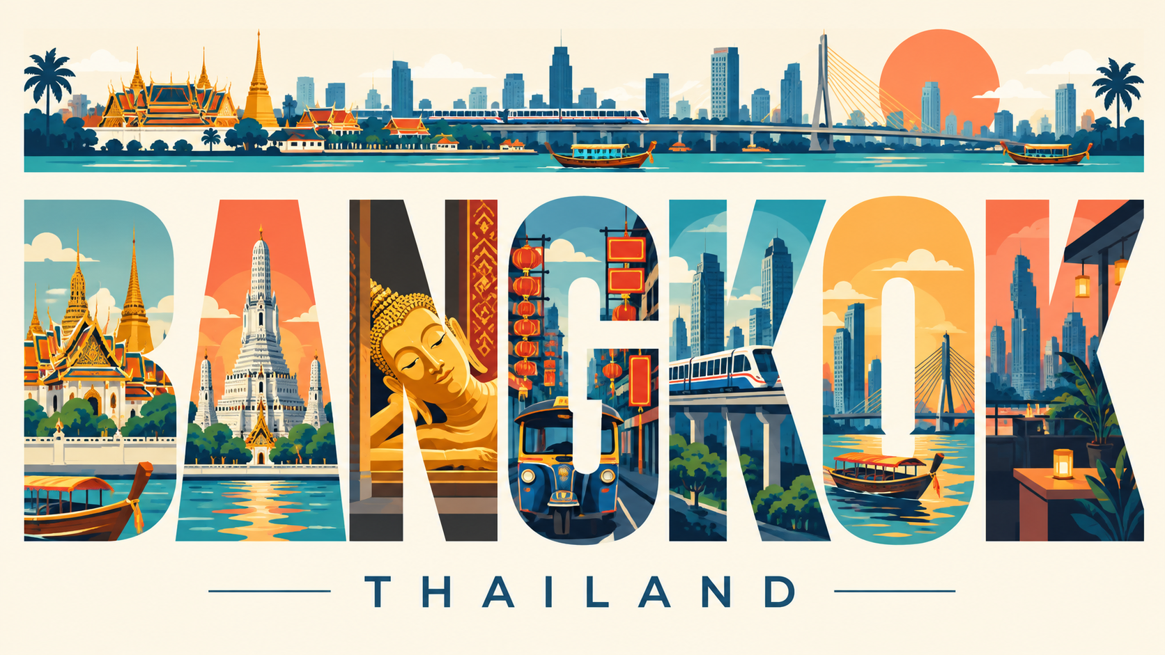 曼谷字母嵌景瑞士现代主义旅行海报 — AI image creation