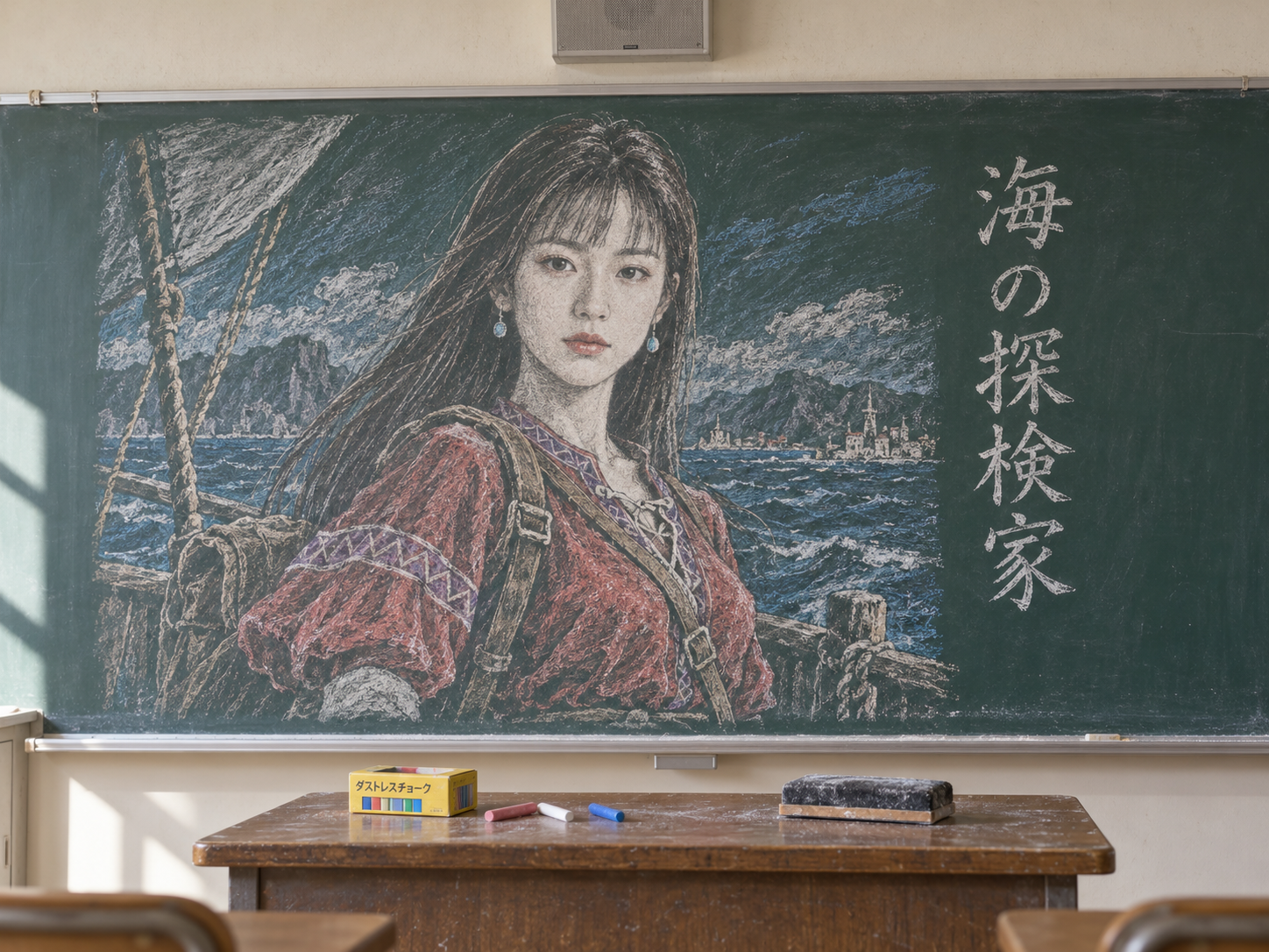 空教室黑板上的原创航海女探险家粉笔画 — AI image creation