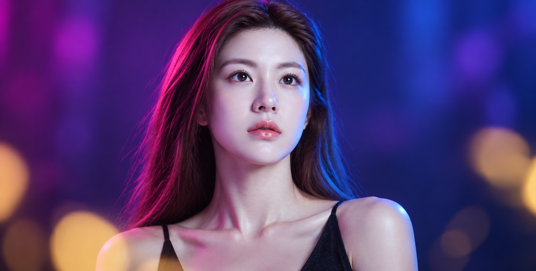 霓虹洋红与冷蓝双色光成年女性肖像 — AI image creation