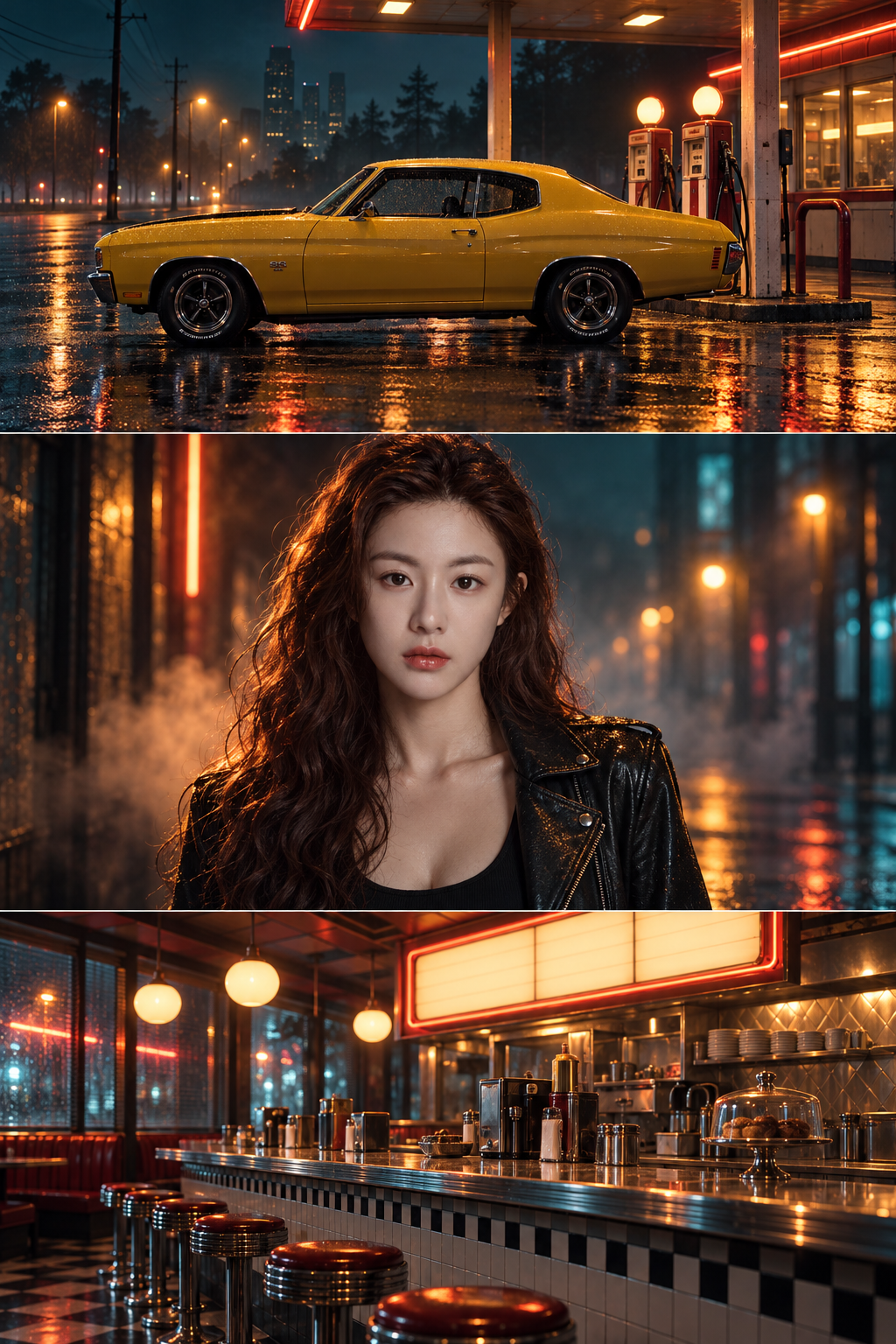 赛博复古霓虹三联画:肌肉车、成年女性与复古餐厅 — AI image creation