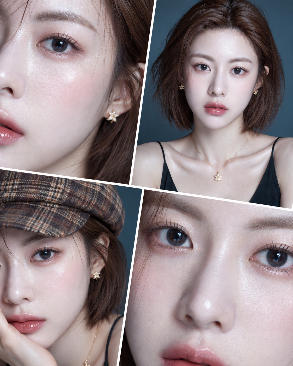 自然水光肌韩系成年美妆四格拼贴 — AI image creation