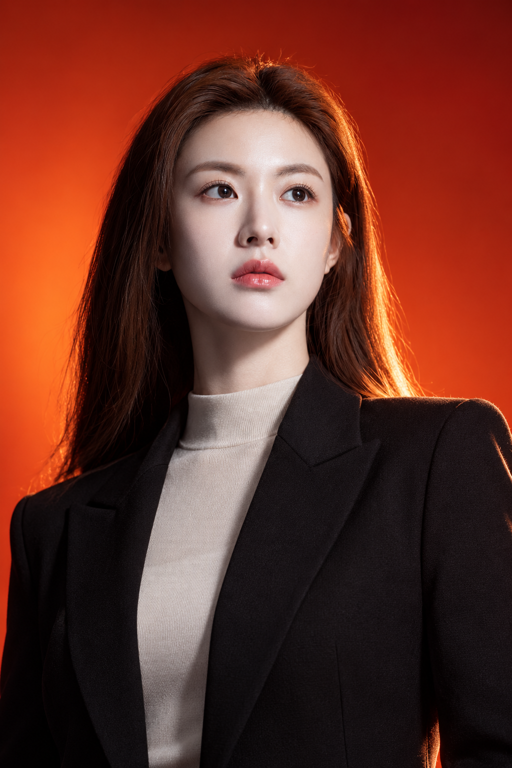 橙红渐变下的戏剧化成年女性肖像 — AI image creation