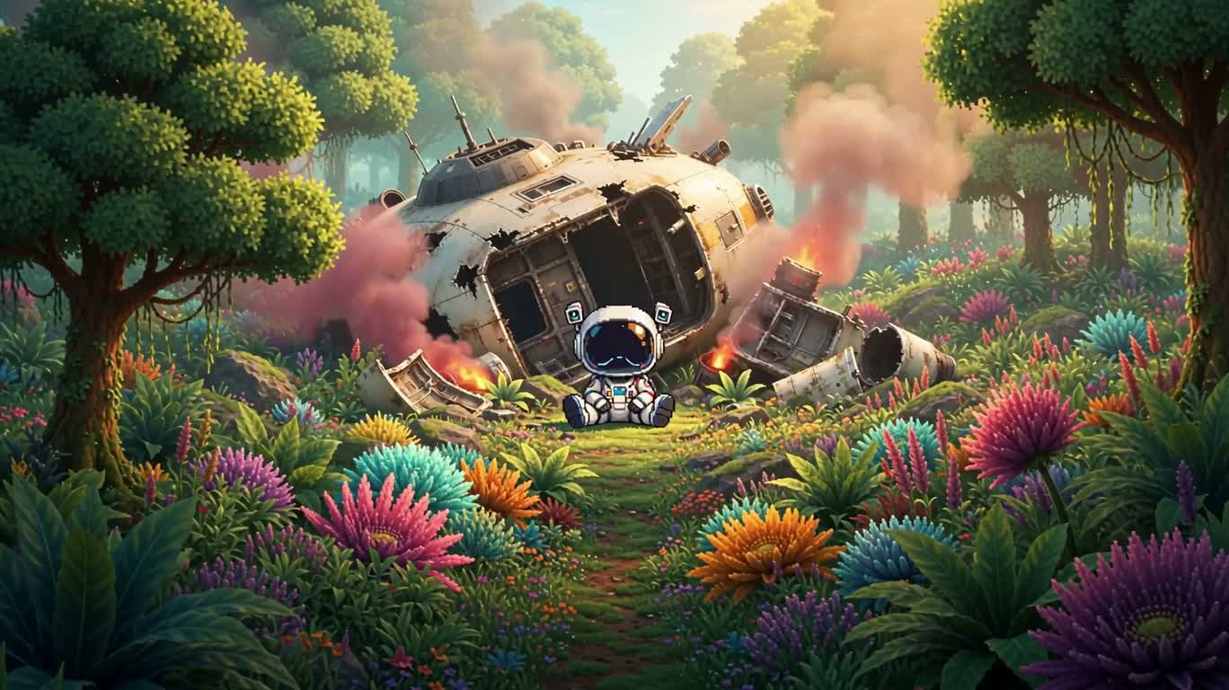 Astronaute crashé sur une planète pixel — AI video creation