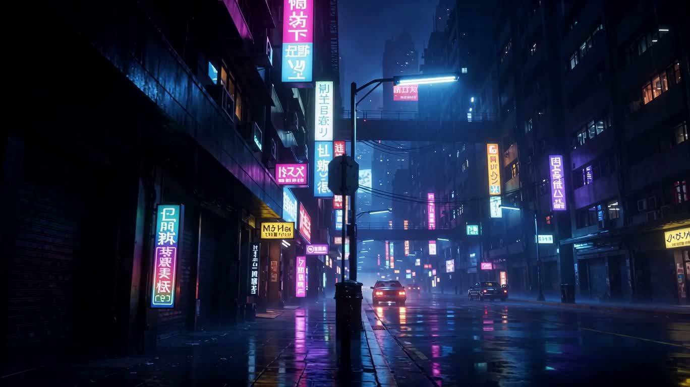 Неоновая улица в дождливую ночь — AI video creation