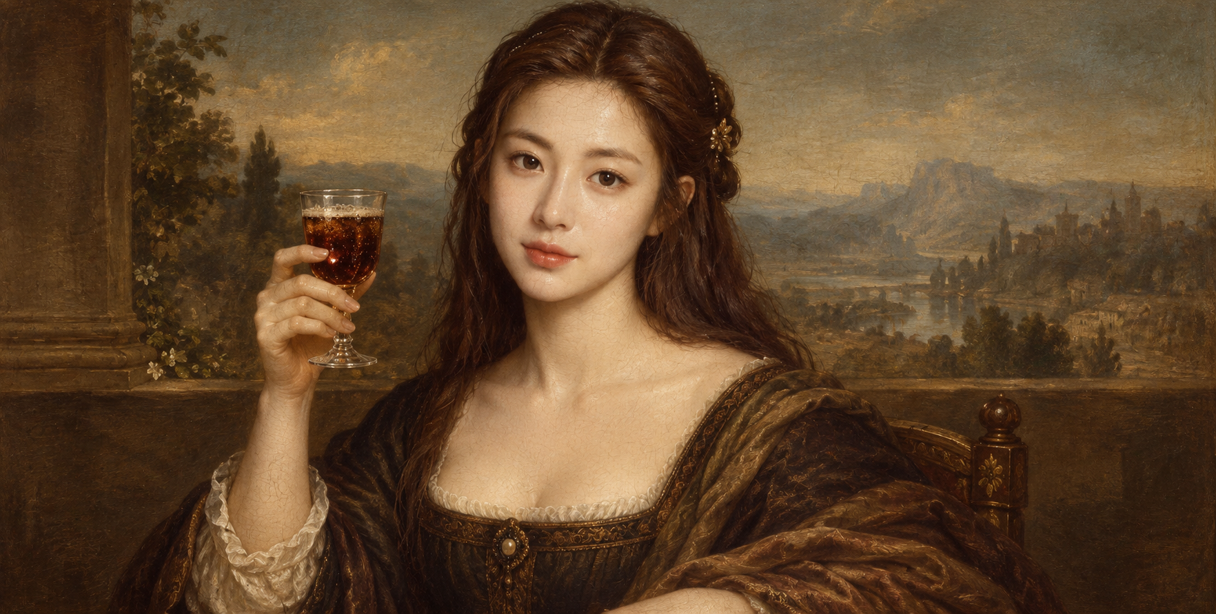 蒙娜丽莎畅饮汽泡饮的趣味油画 — AI image creation