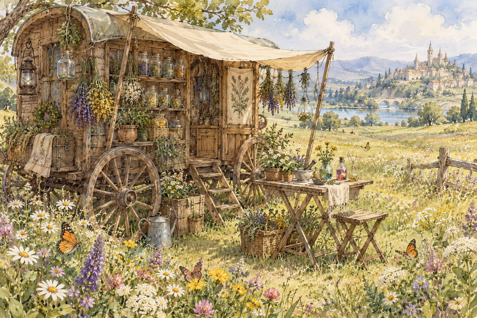 花海草甸中的草药师木马车 — AI image creation