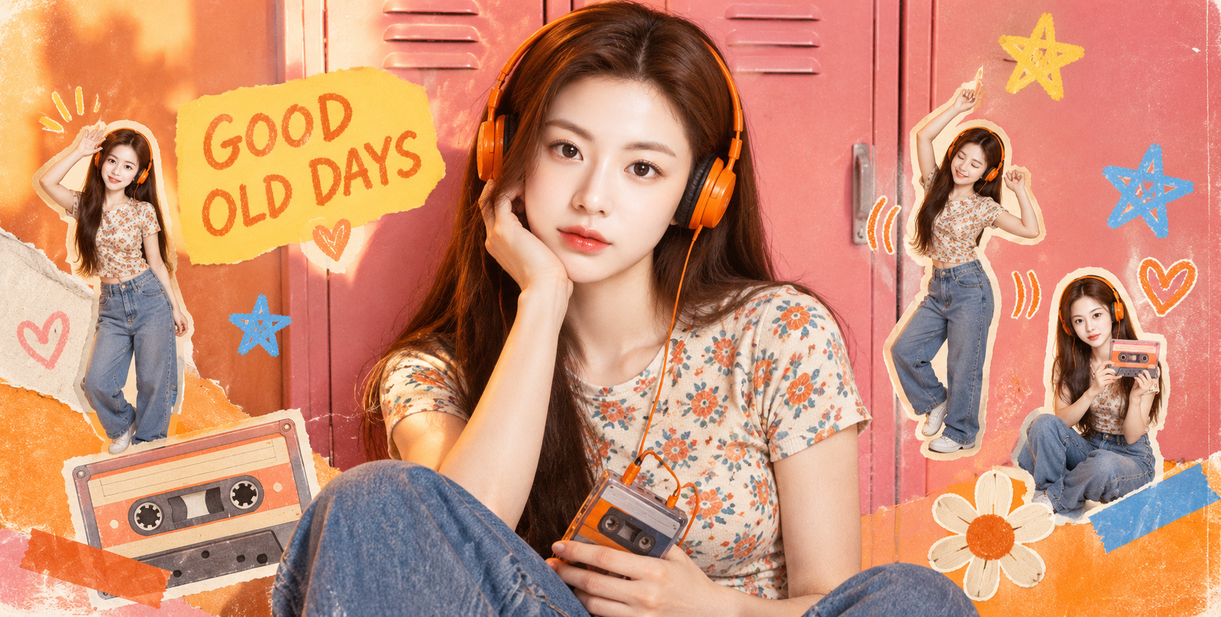九十年代灵感的成年女性磁带拼贴肖像 — AI image creation