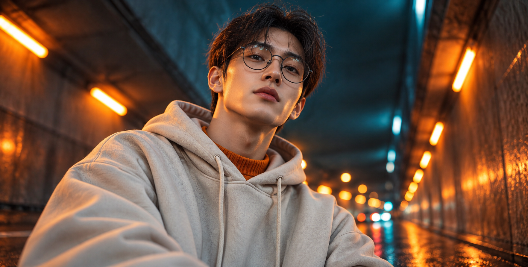 青橙霓虹隧道中的都市男士 — AI image creation