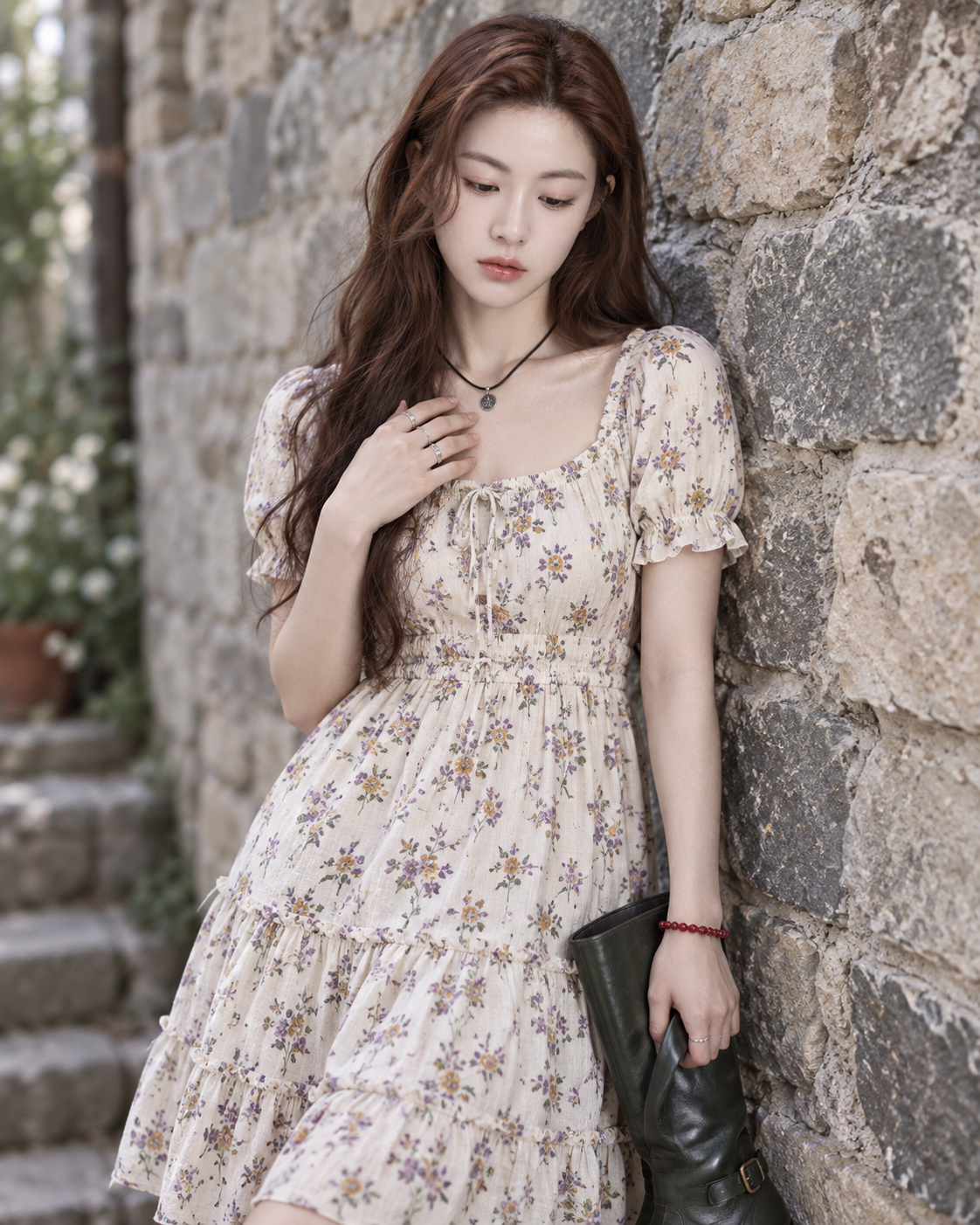 米白碎花裙与绿靴的成年女性波西米亚肖像 — AI image creation