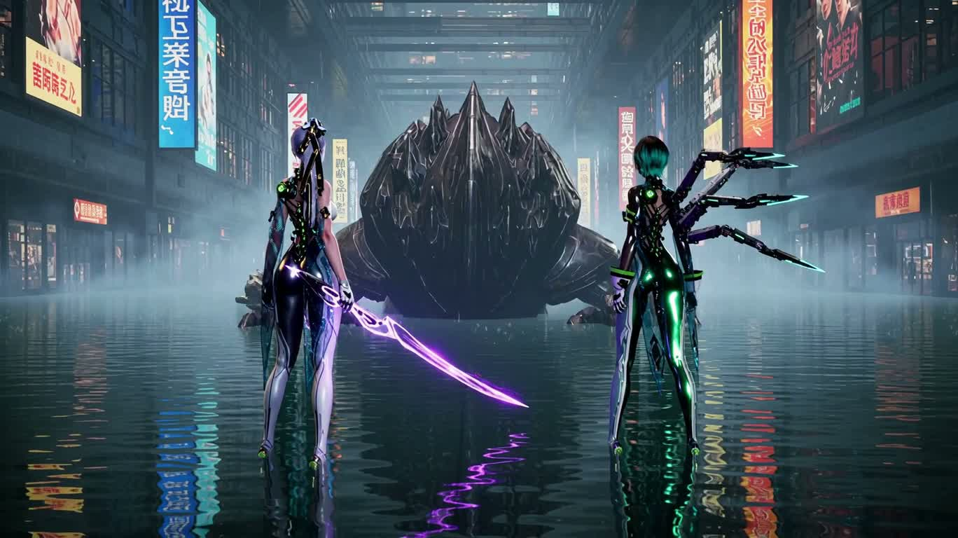 霓虹水城双姝联手迎战巨型守卫 — AI video creation