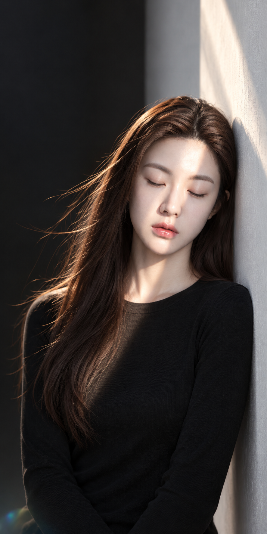 白黒の分割と暖かな光の帯を使った成人女性のミニマルポートレートテンプレート