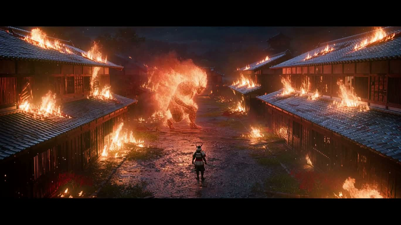 烈焰村庄中的武士斩妖 — AI video creation