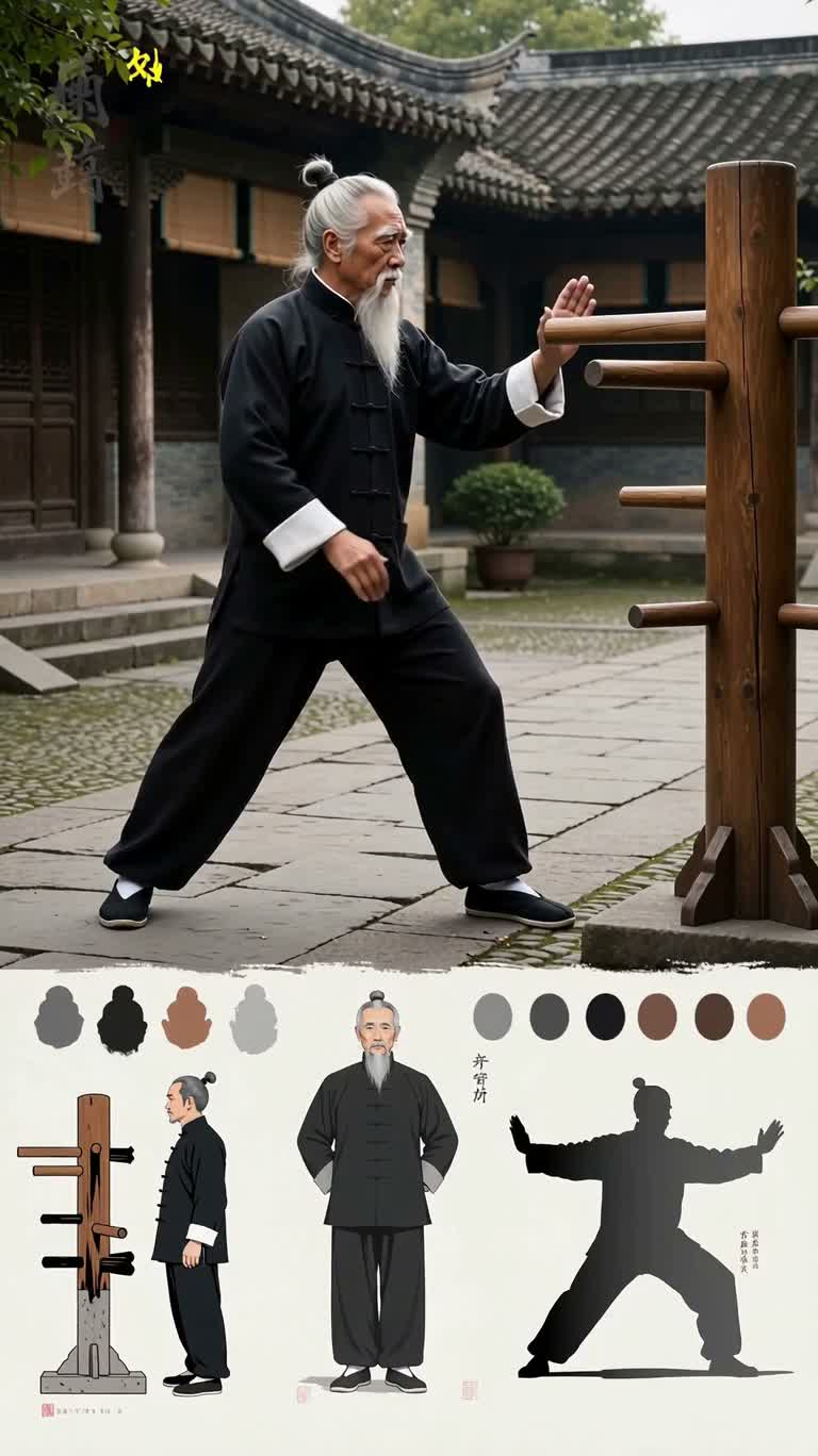 Maître Chan pratiquant le mannequin de bois Wing Chun — AI video creation