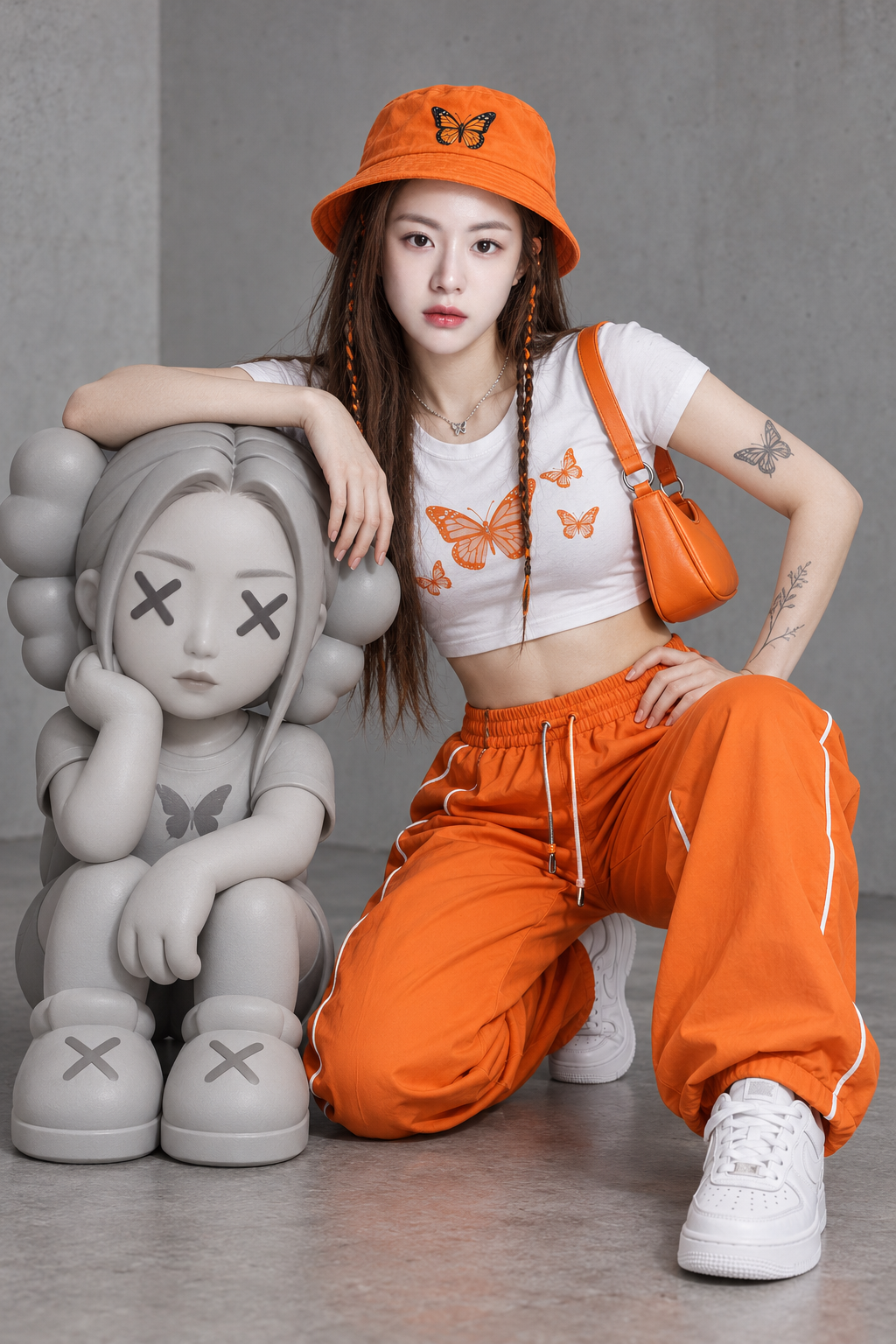 오렌지 스트리트 패션과 그레이 디자이너 피규어