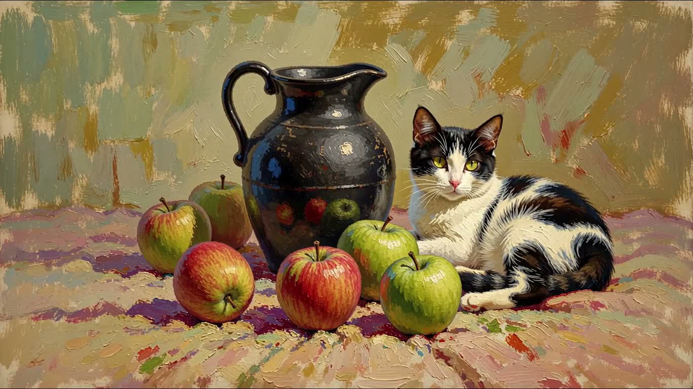 Fauvist Still Life with Black Jug, Apples and Cat
