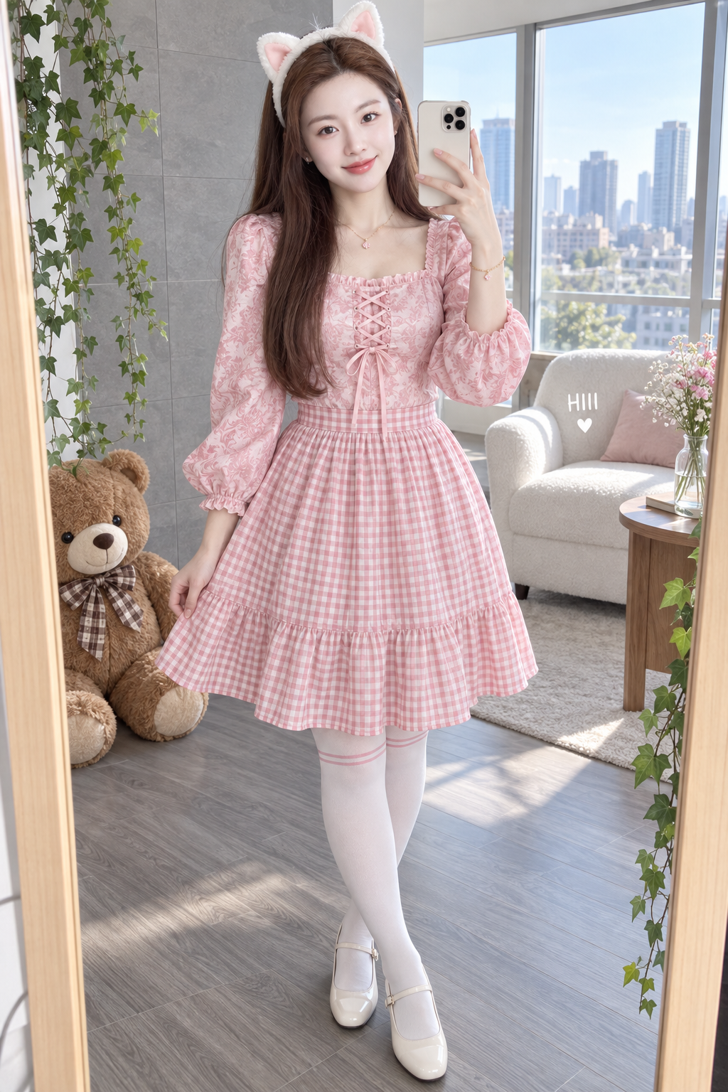 粉色猫耳配饰成年女性公寓镜自拍 — AI image creation
