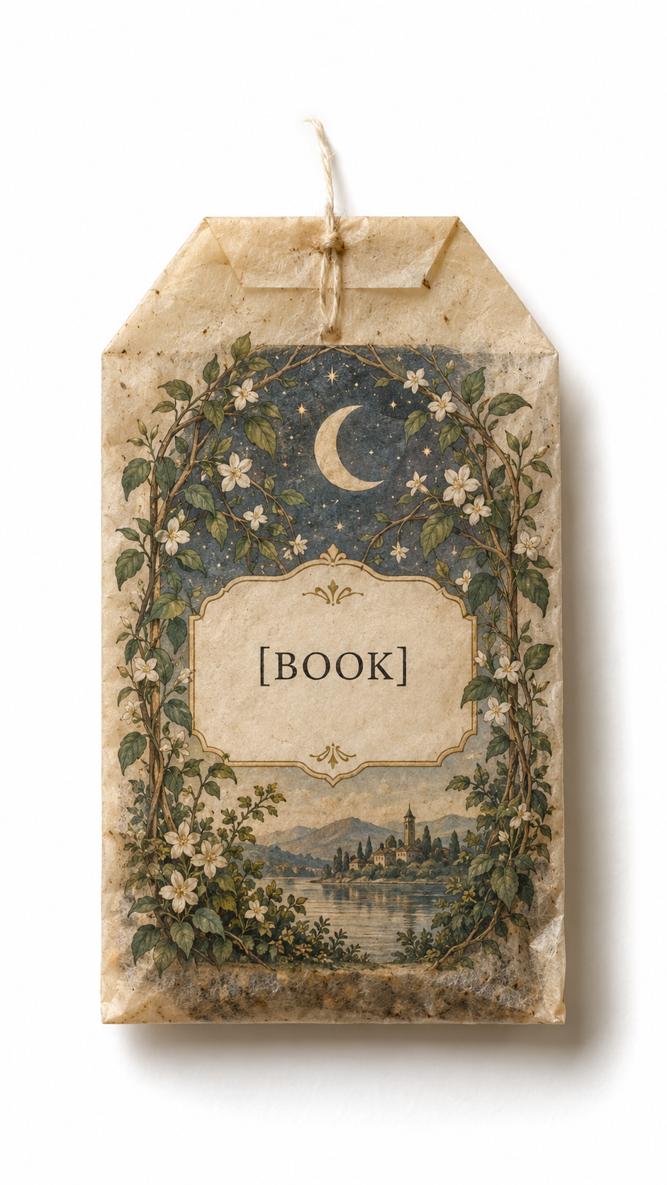 Винтажный нарисованный от руки натюрморт с чайным пакетиком и обложкой книги
