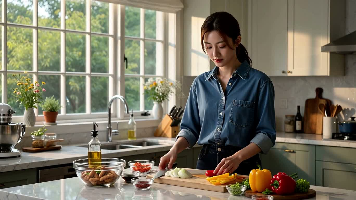Mì xào gà ớt chuông trong căn bếp ánh bình minh