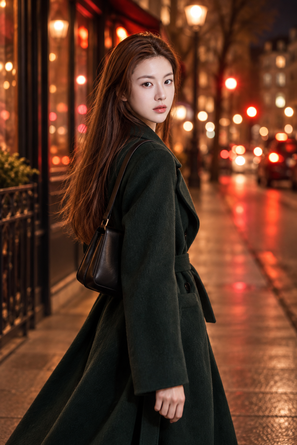 暖色夜灯下的深绿大衣街拍 — AI image creation