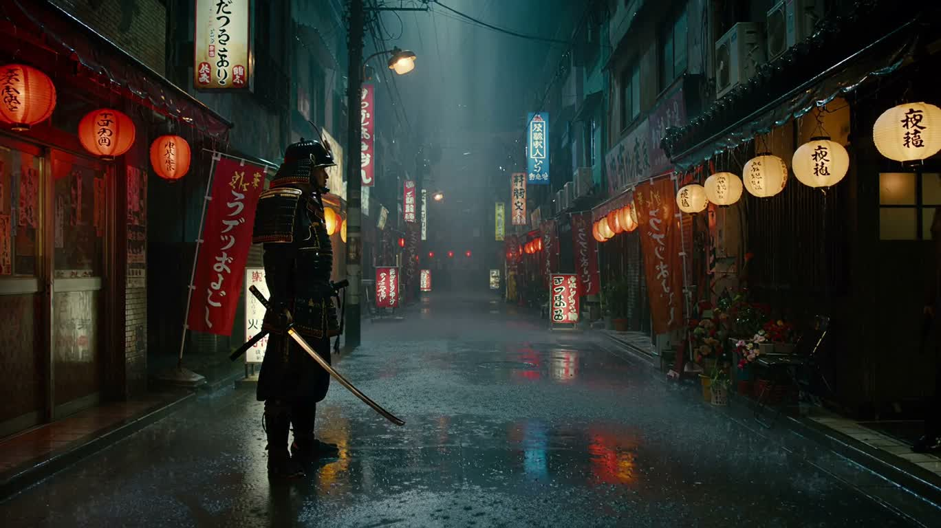 霓虹雨巷：武士与枪手 — AI video creation