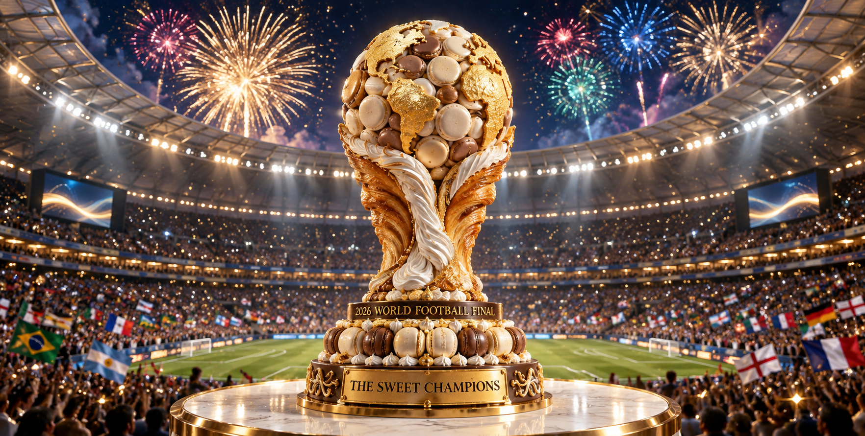 Gourmet pastry football trophy in a fireworks stadium — AI image creation
