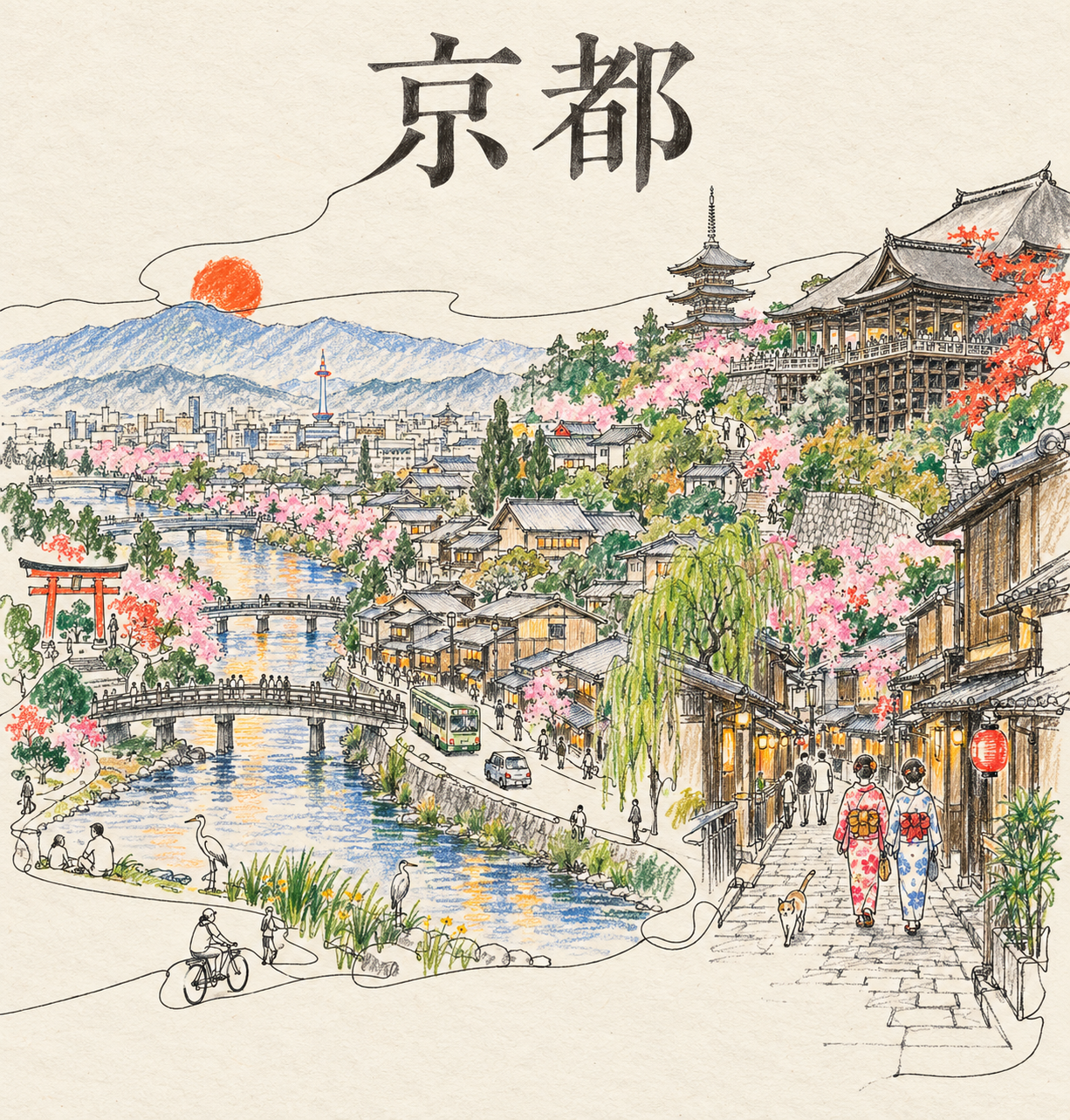 京都一笔连续线条城市海报