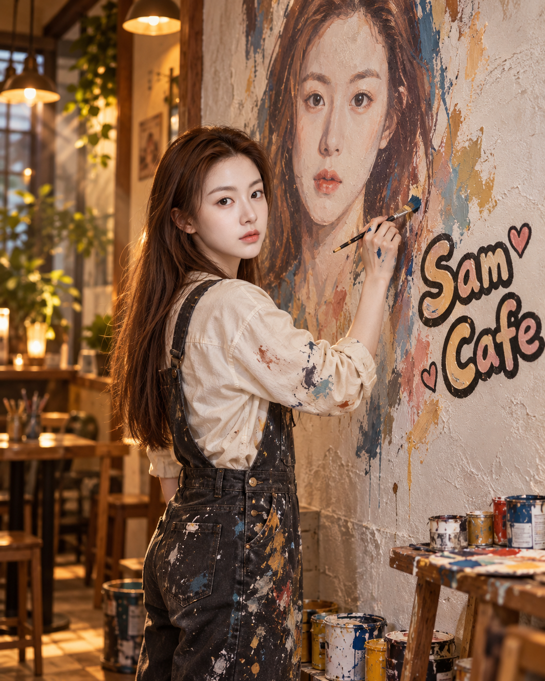 Sam Cafe咖啡馆中成年女性绘制自画像壁画 — AI image creation