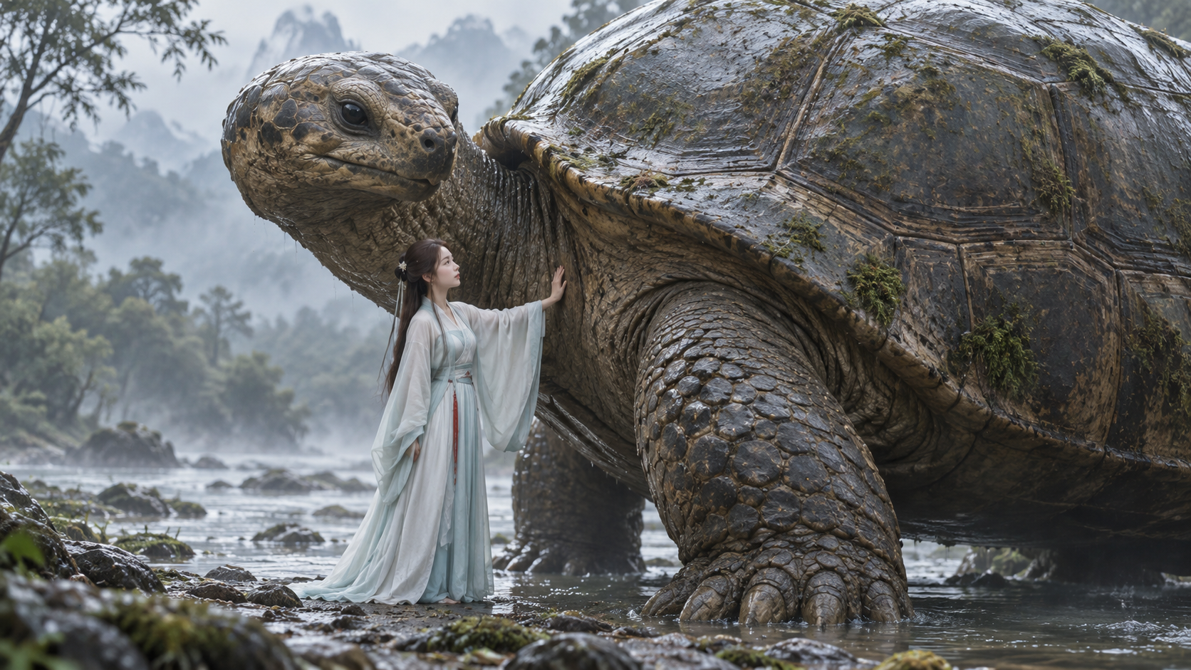 Tortue géante au bord du ruisseau : figure d'antan et compagnon colossal — AI image creation