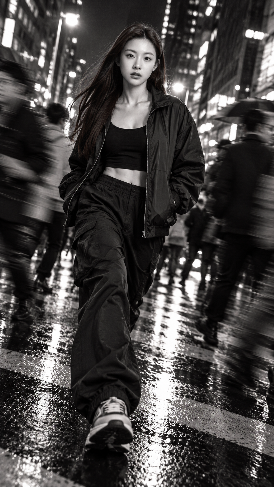 雨夜街头动态模糊黑白时尚大片 — AI image creation