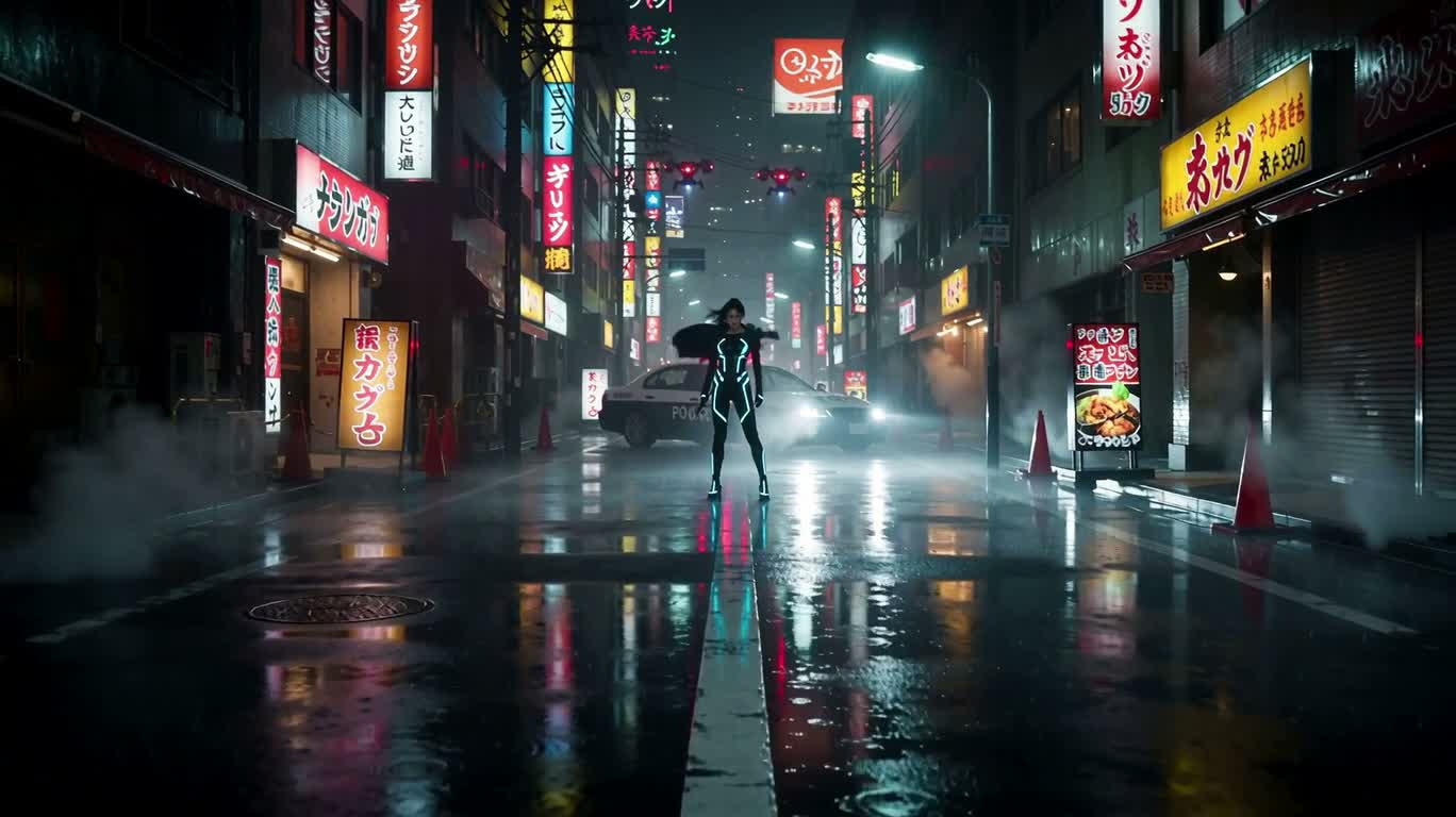 霓虹雨巷的赛博女武神 — AI video creation