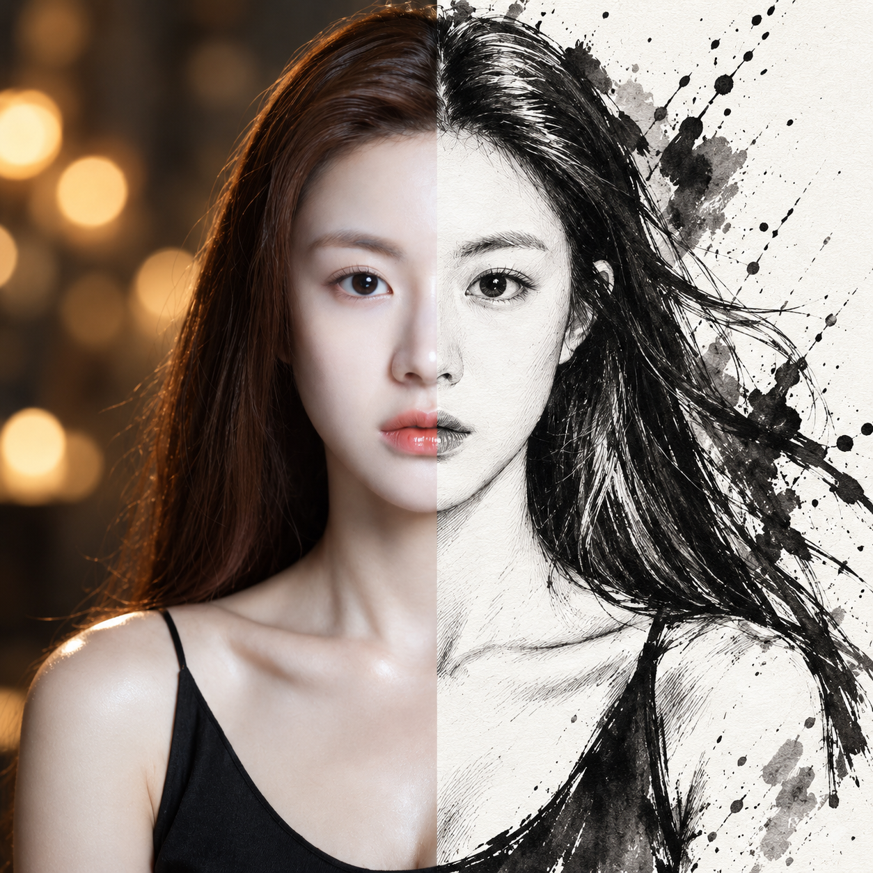 半颜写实摄影与黑白水墨分割肖像 — AI image creation