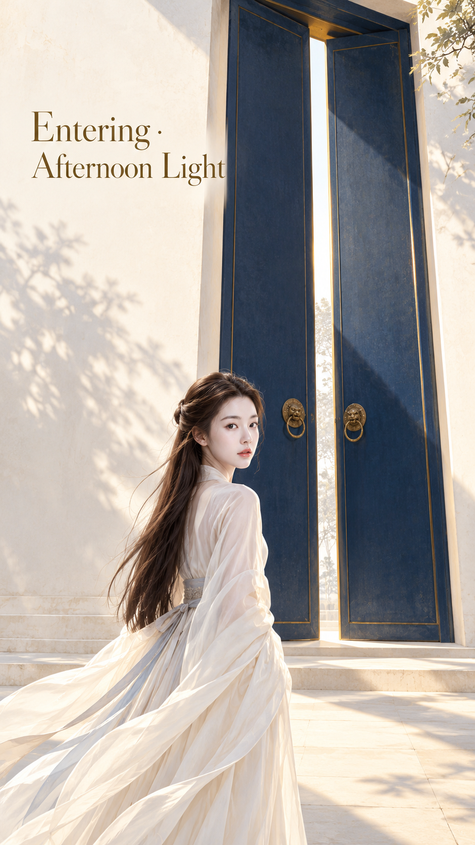 쪽빛 높은 문 앞의 동양 선 커버 — AI image creation