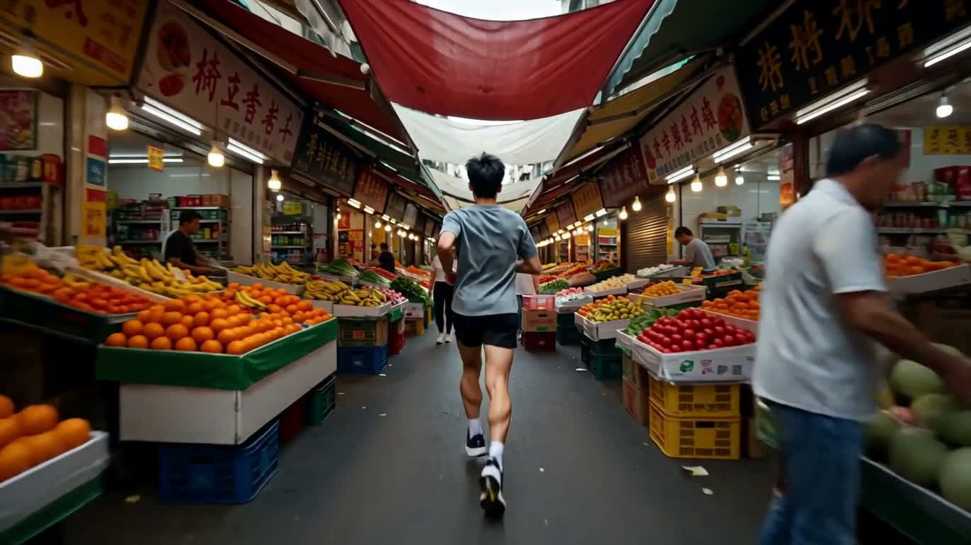 Chạy đắm chìm trong chợ rau quả đông đúc