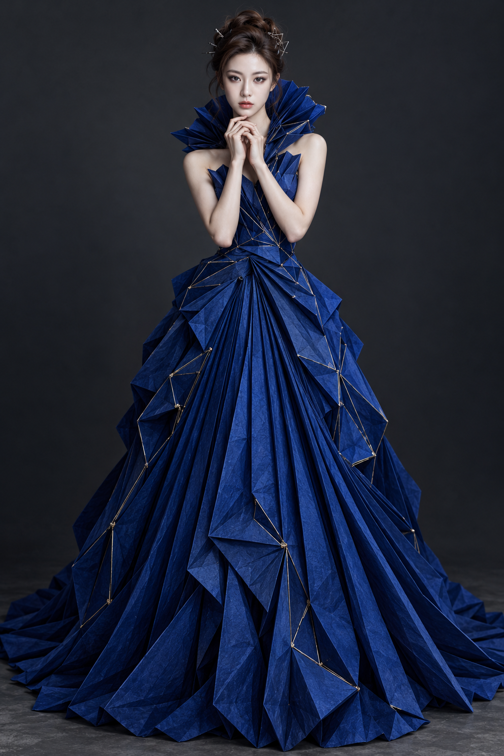 Royal Blue Origami-Inspired Haute Couture Gown Portrait