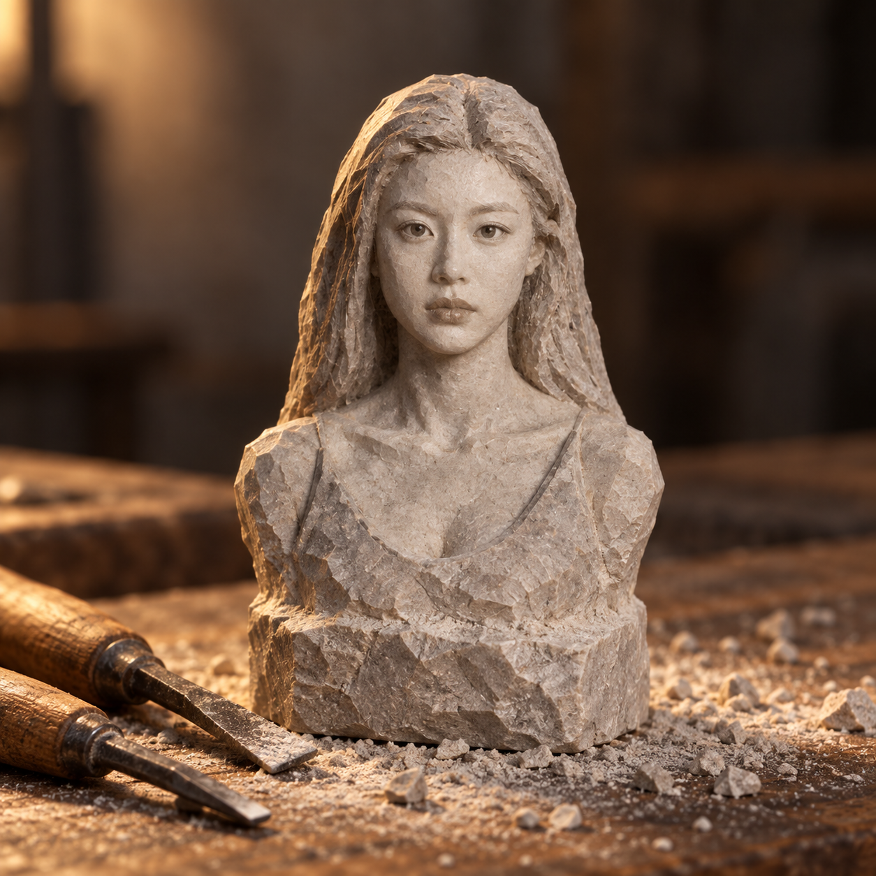 暖光下的微缩手工石雕 — AI image creation