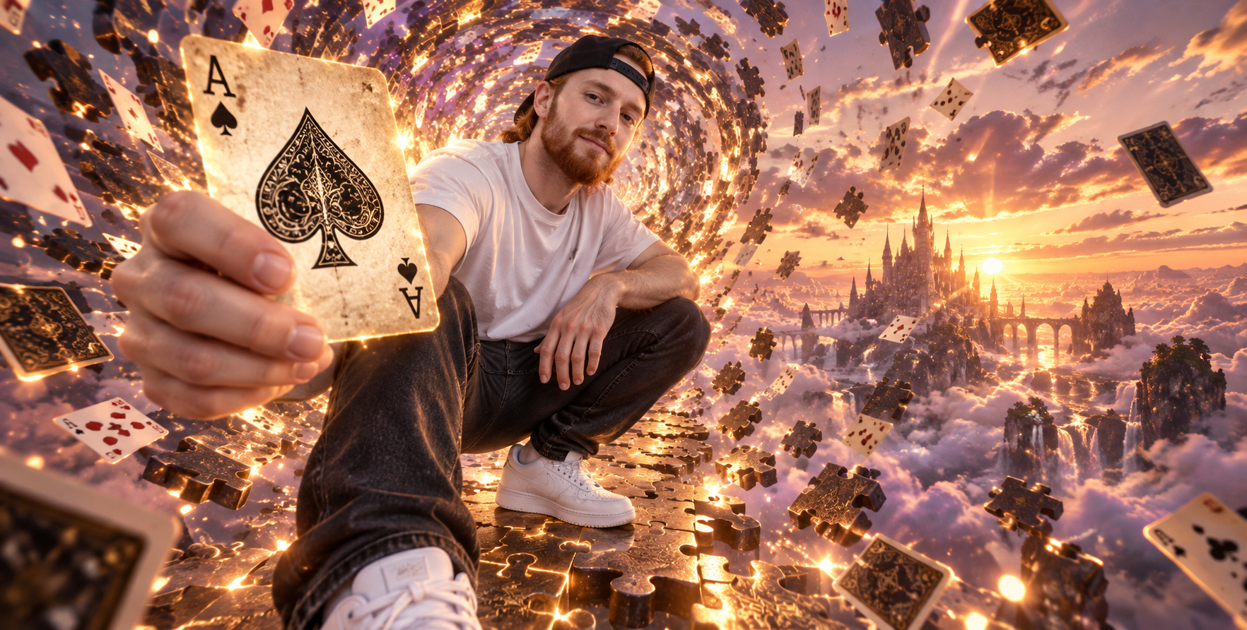 云端日落拼图路径上的成年男性奇幻肖像 — AI image creation
