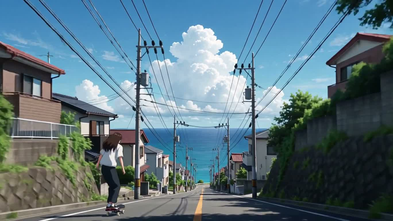 海滨小镇滑板疾驰 — AI video creation