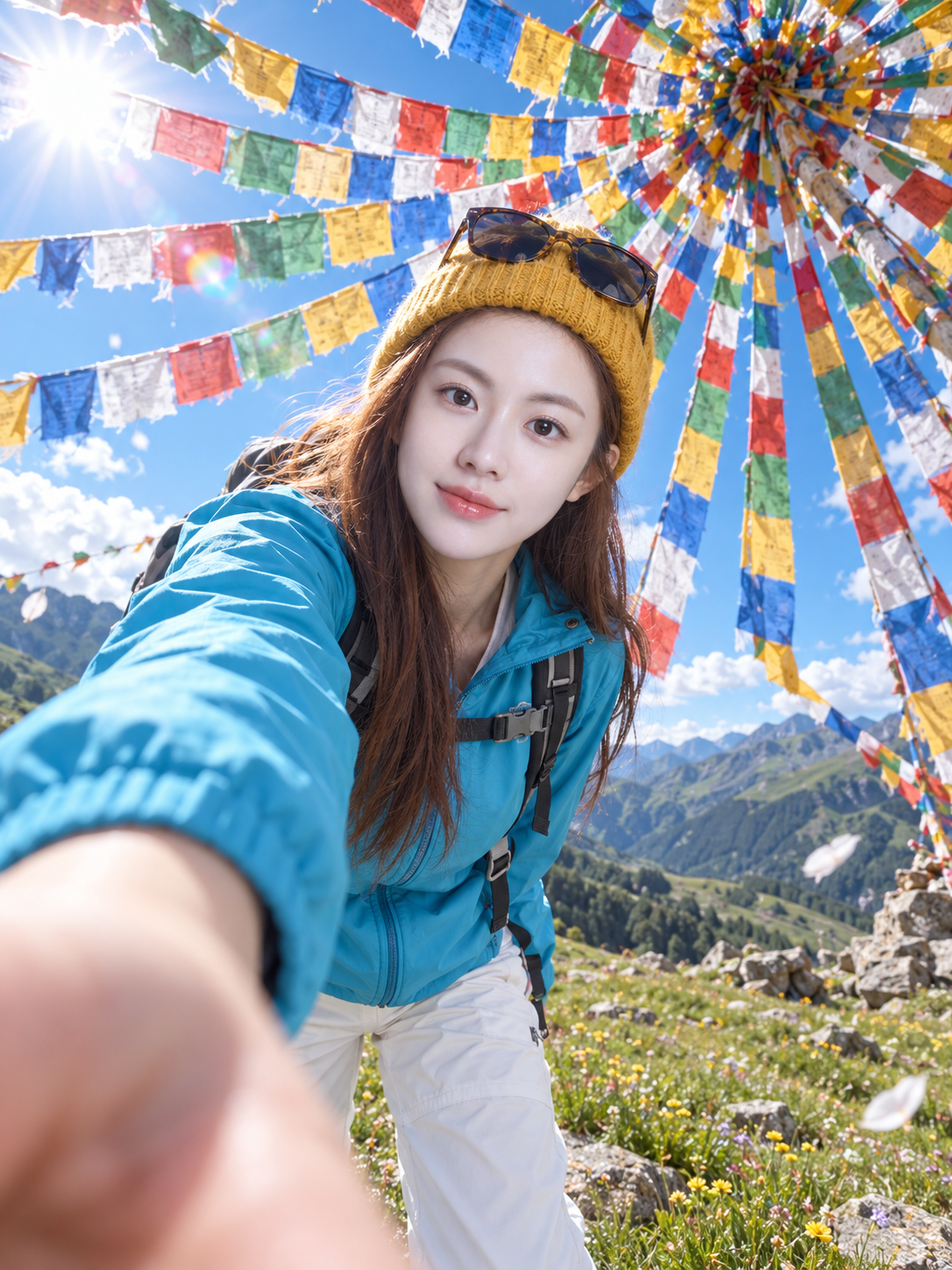 高山草甸经幡背景旅行自拍人像 — AI image creation
