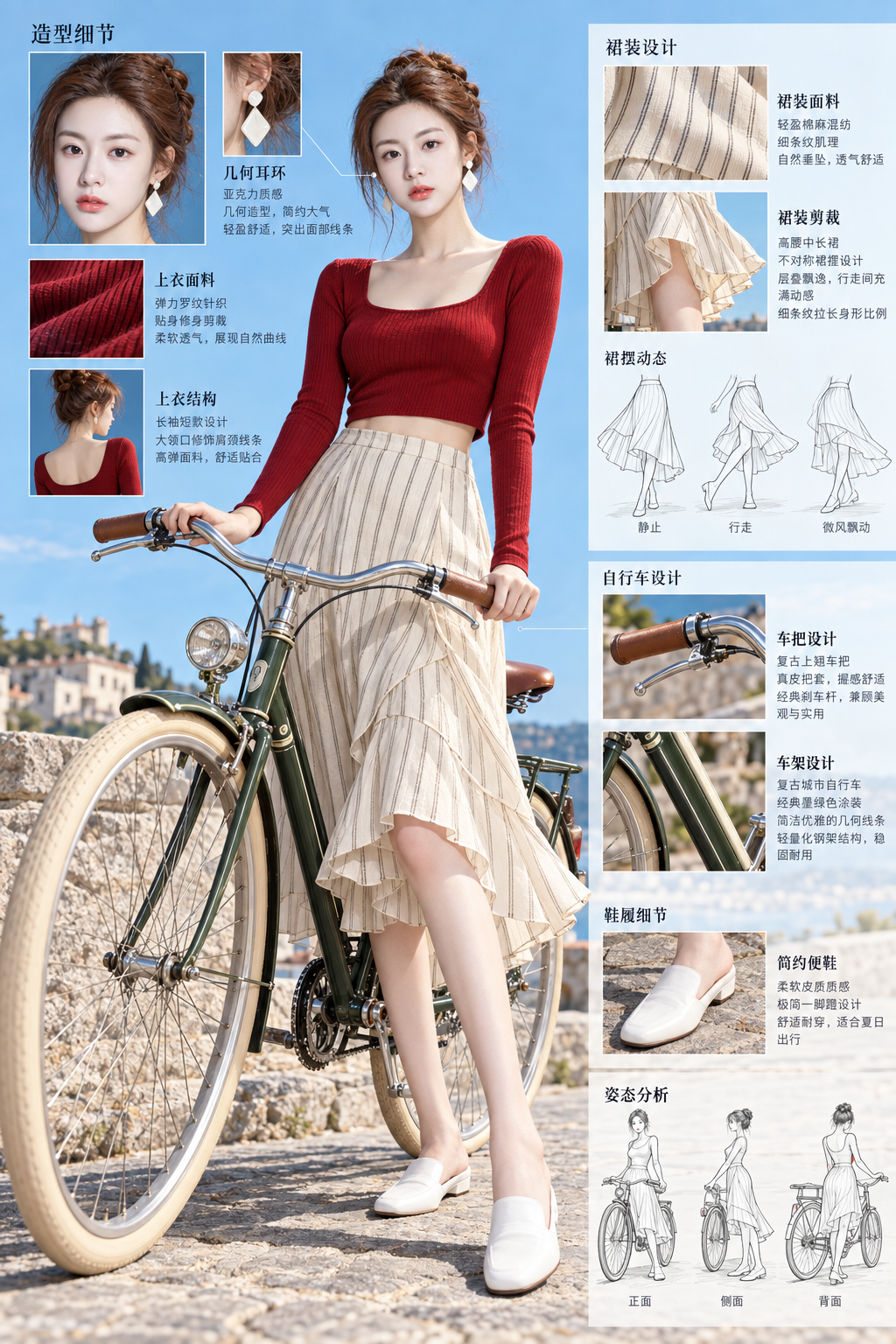 复古自行车旁的夏日时尚概念图 — AI image creation