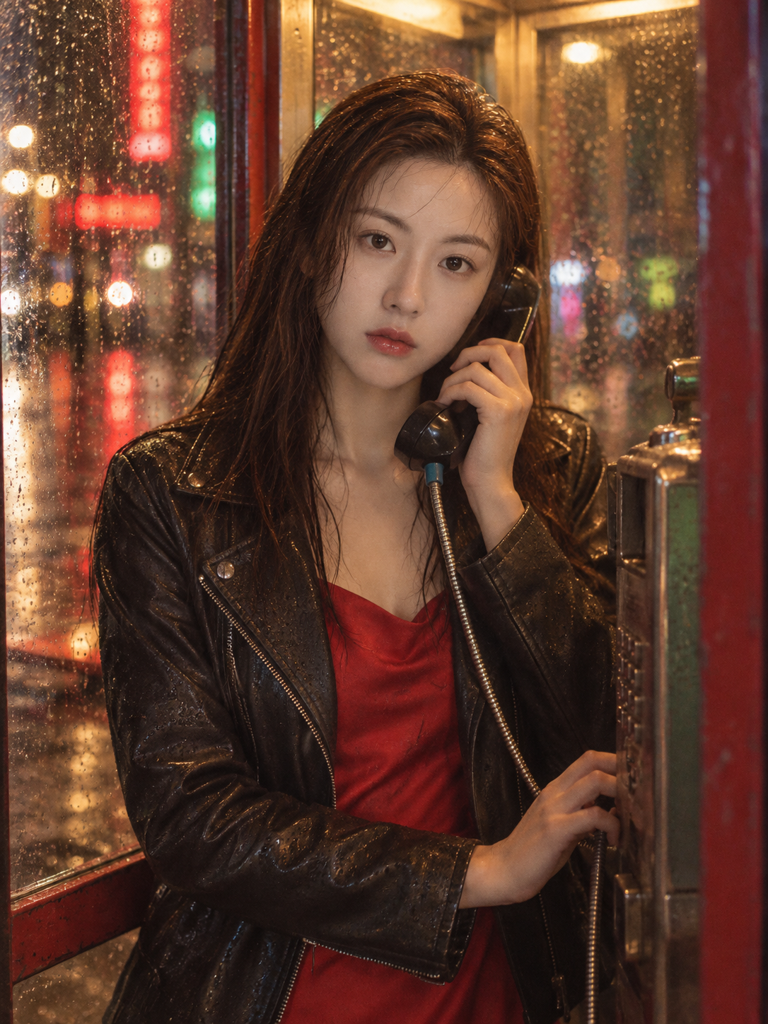 雨夜电话亭平成风时尚肖像 — AI image creation