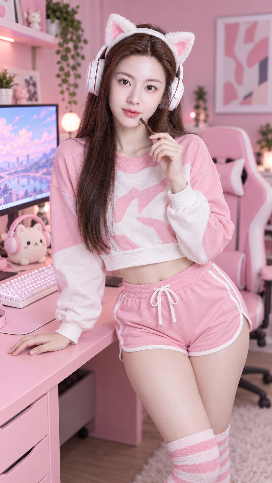 Pink gaming-room lifestyle portrait — AI image creation