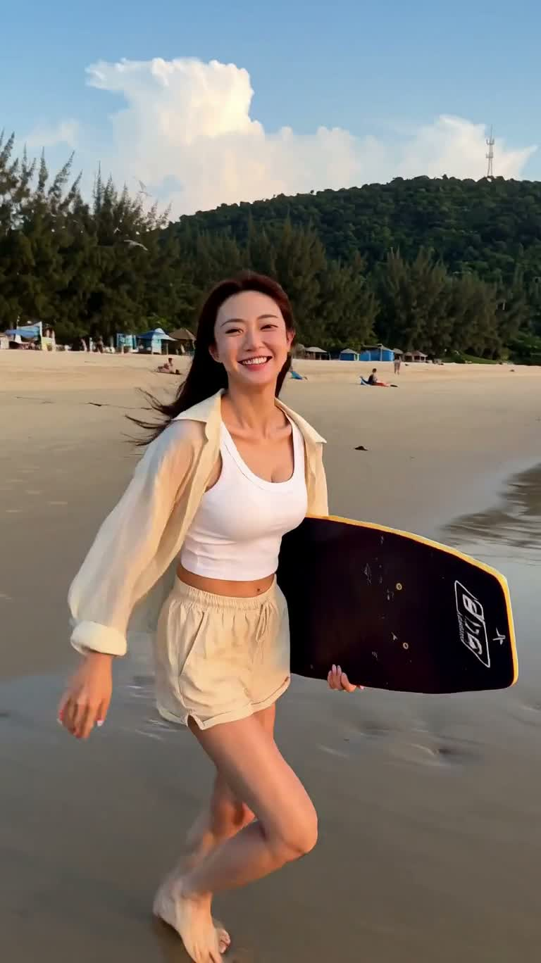 夕阳海滩滑板初体验 — AI video creation