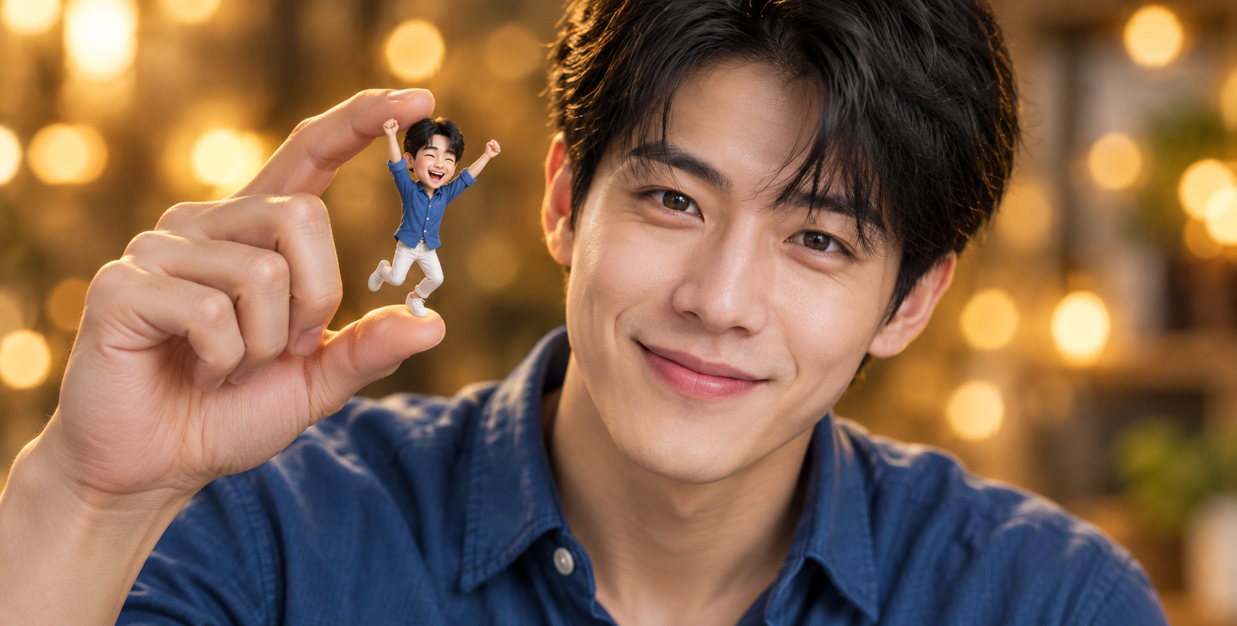 超写实男子指尖跳跃的皮克斯风迷你分身 — AI image creation