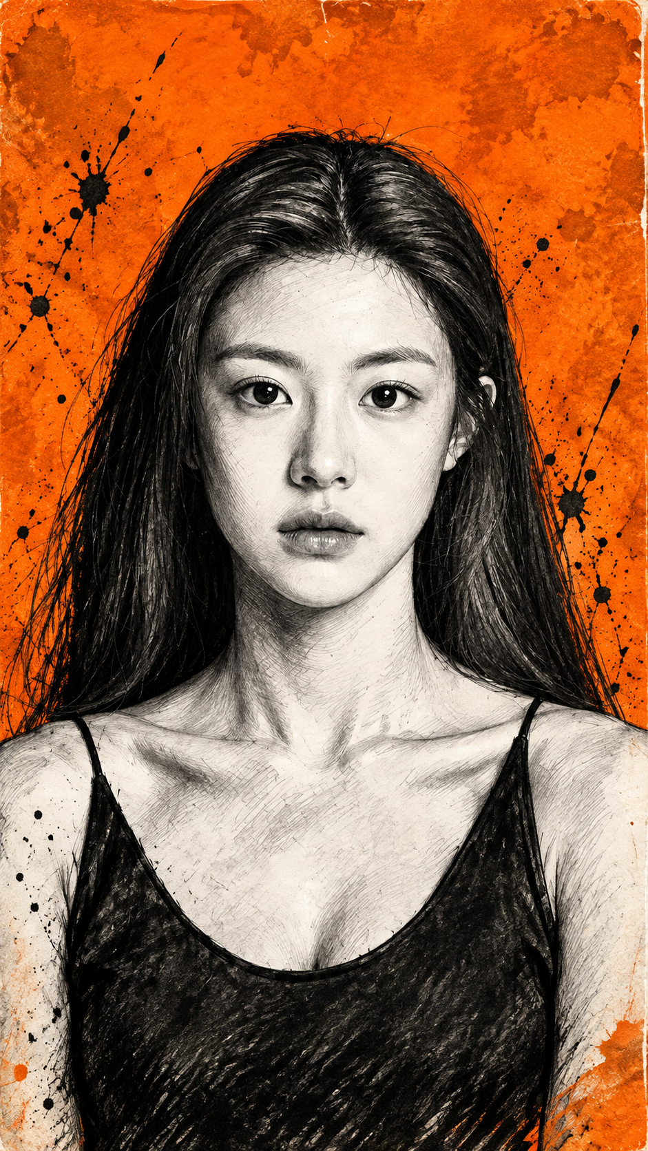 手绘单色插画黑白油墨橘色背景海报 — AI image creation
