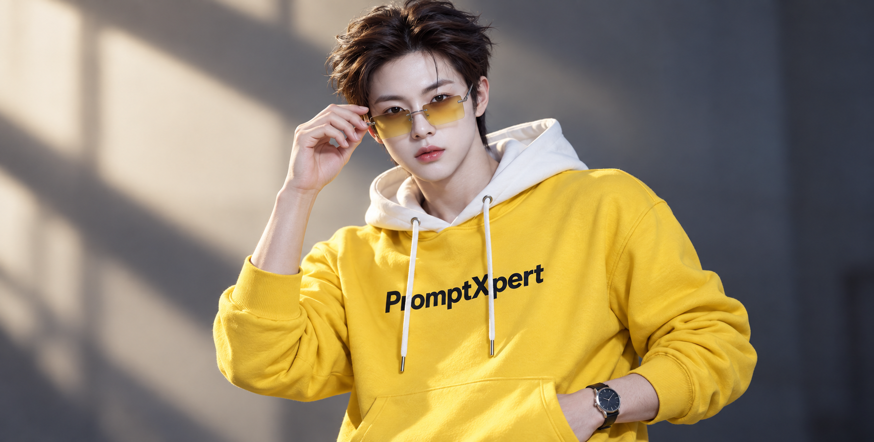 黄色卫衣潮男佩戴渐变墨镜的超写实时尚大片 — AI image creation