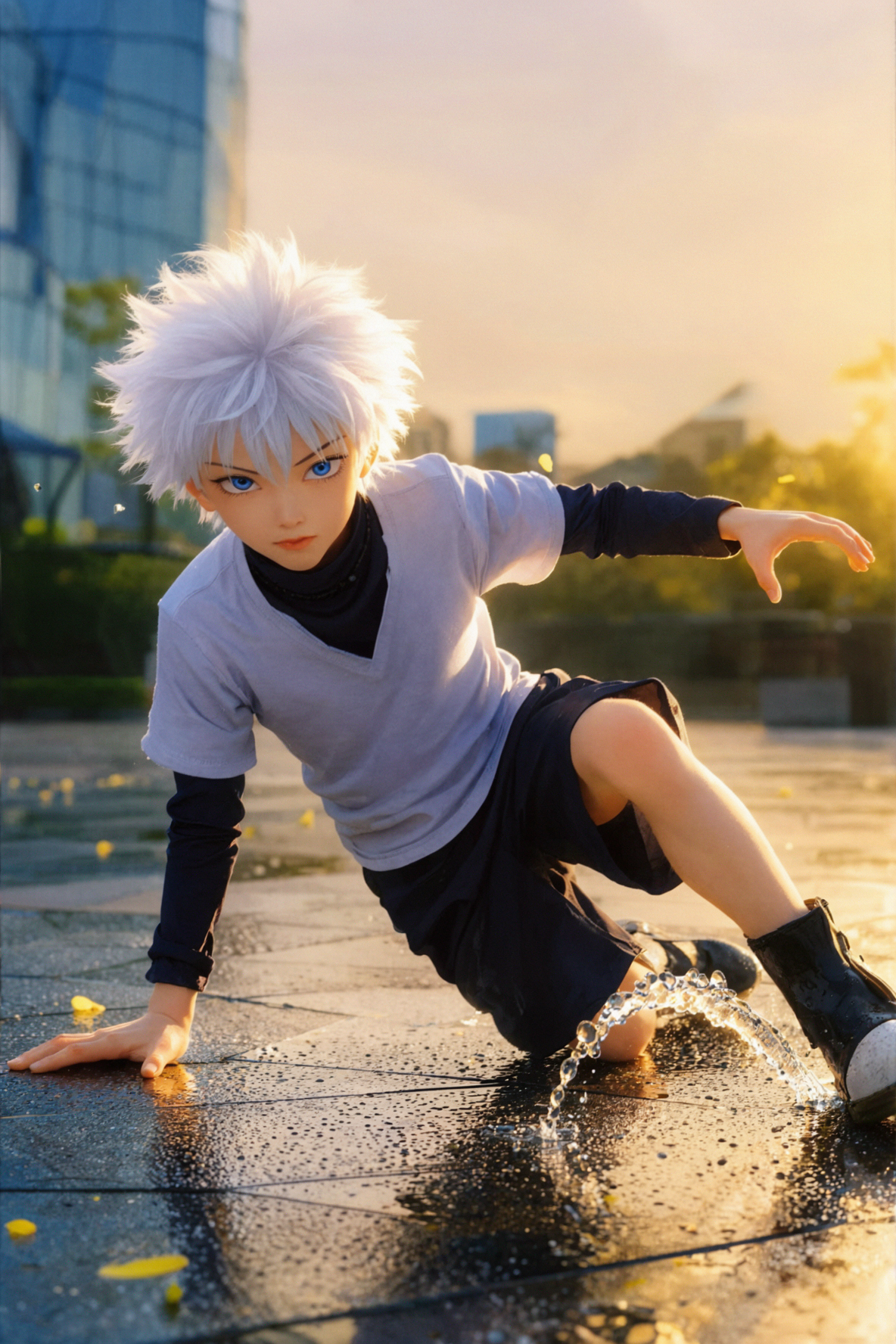 奇犽·揍敌客 · 雨巷滑步 · 金色逆光 — AI image creation