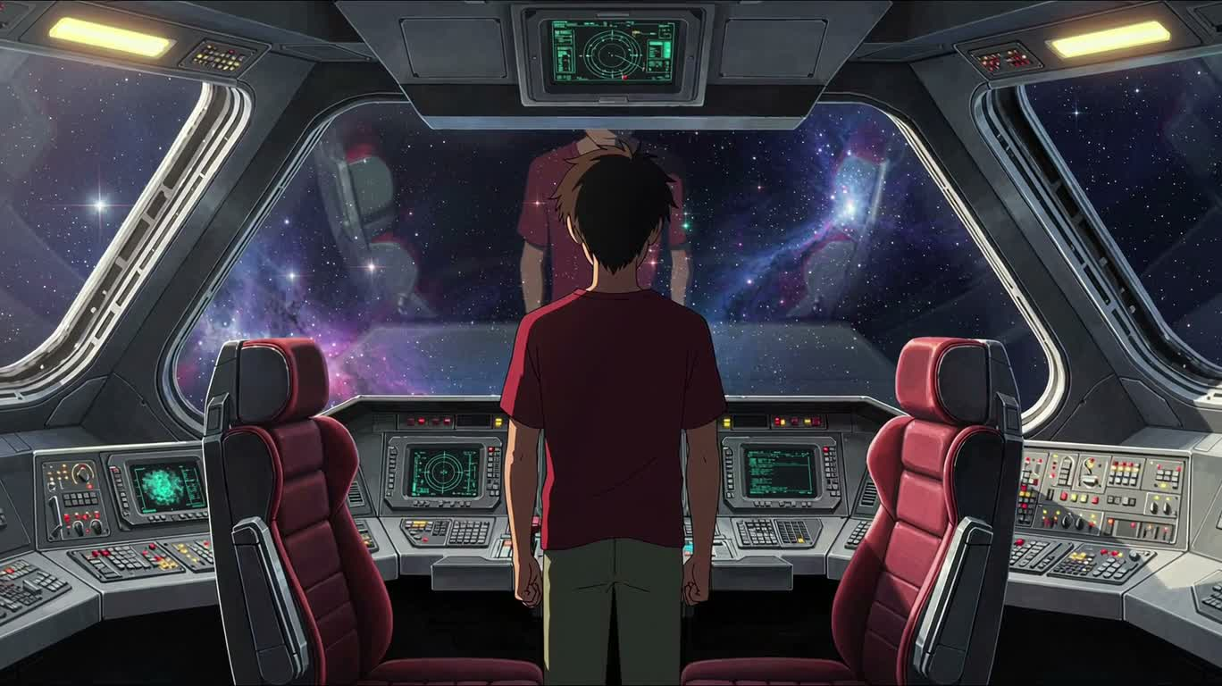 Voyageur du futur devant le hublot stellaire — AI video creation