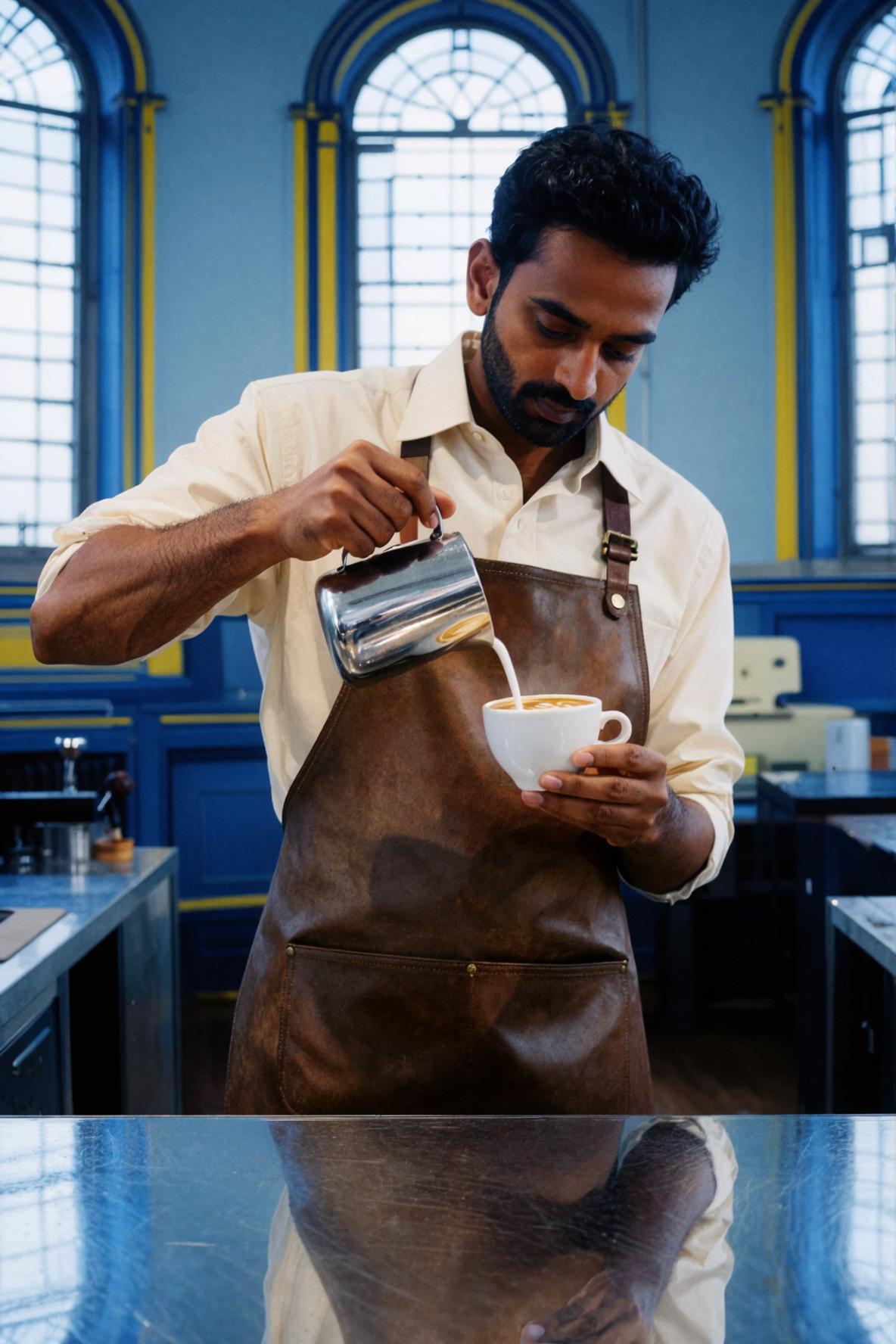 Adult South Asian Male Coffee Roaster · Latte Art · Large-Format Portrait
