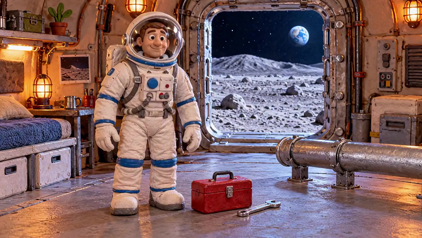 粘土の宇宙飛行士、左にスーツケース右にレンチで帰還 — AI video creation